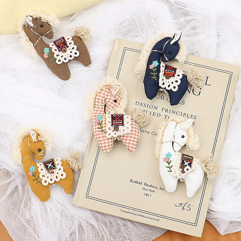 Cute Fabric Pink Plaid Pony Cartoon Stuffed Embroidered Animal Brooch Accessor For Clothing Accessories