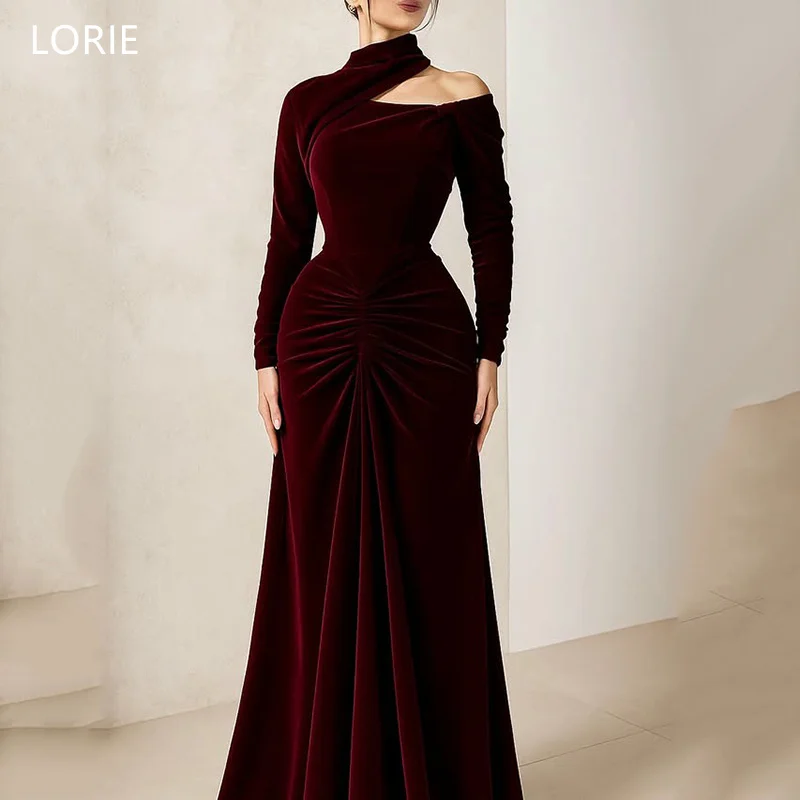 LORIE ชุดเดรสปาร์ตี้สีแดงเบอร์กันดีสุดหรู ผ้ากำมะหยี่ แขนยาว ชุดราตรีออกงาน จับจีบ ทรงเมอร์เมด ชุดราตรีงานพรอม สามารถสั่งตัดได้