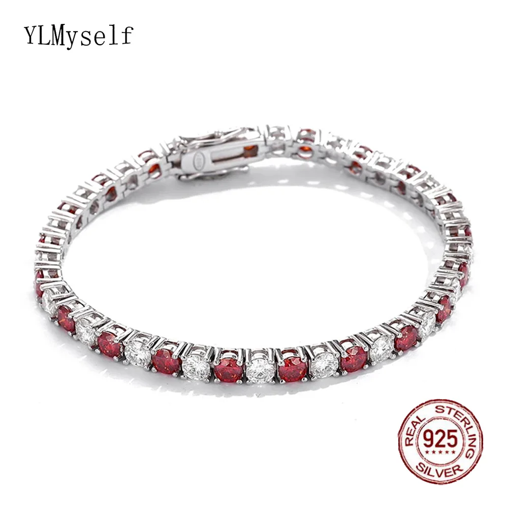 

Real 3/4/5/6.5mm Black/Red/White Moissanite Diamond Bracelet 14-23cm Solid 925 Silver Tennis Chain Hiphop Rock Fine Jewelry