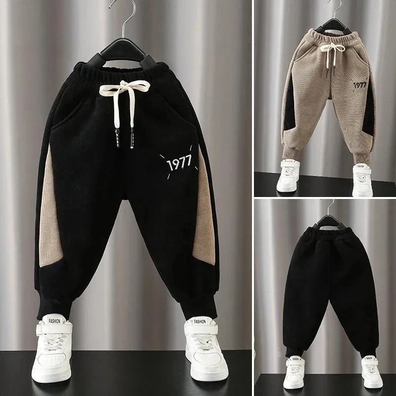 Fashion Boys Velvet Lined Jogger Pants Winter New Patchwork Warm Kids Swetapants Spodnie Plush Thick Children Casual Pantalones