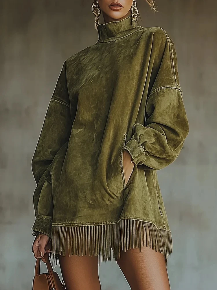 Fashion Retro Suede Tassel Mini Dress High Neck Long Sleeve Pockets Fringe Hem Dress Army Green Brown Autumn Party Dress