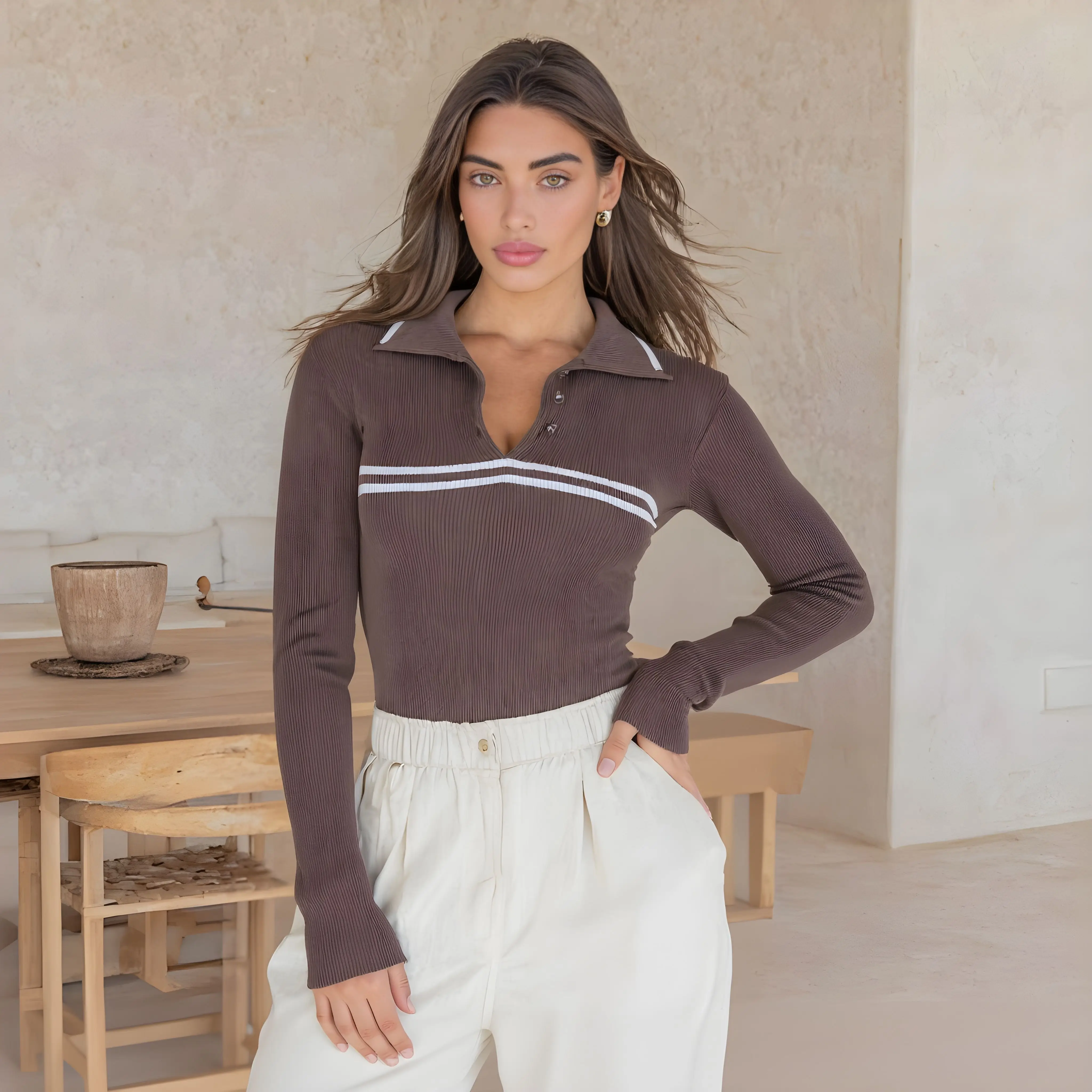 الخريف ضيق صالح سترة طويلة الأكمام نمط غير رسمي بدوره إلى أسفل طوق مستقيم أنبوب كم المرأة تريكو فستان الربيع #4