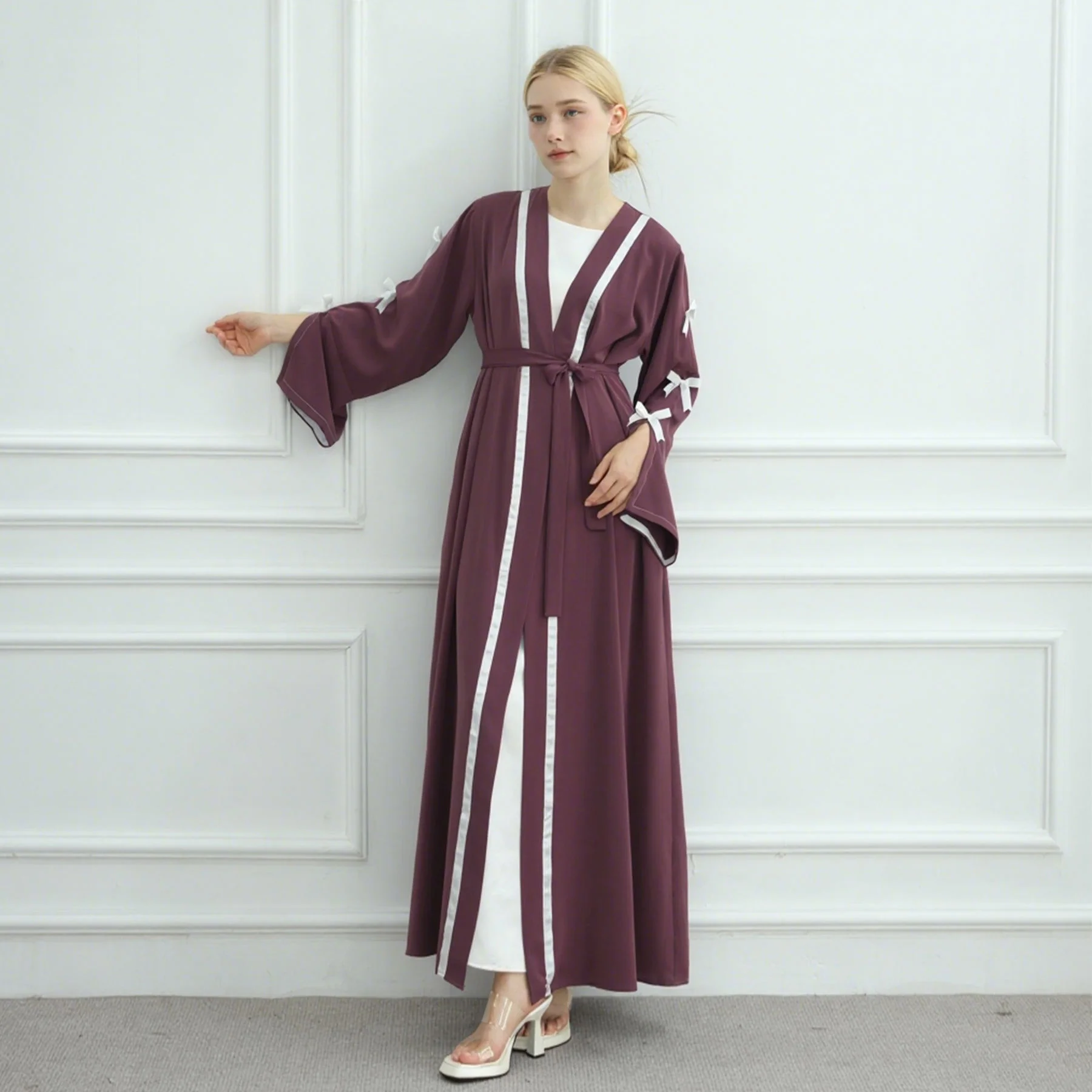 Bow Kimono Cardigan Jalabiya Women Muslim Dress Ramadan Dubai Open Abaya Turkey Kaftan Kebaya Caftan Marocain Femme Robe Abayas