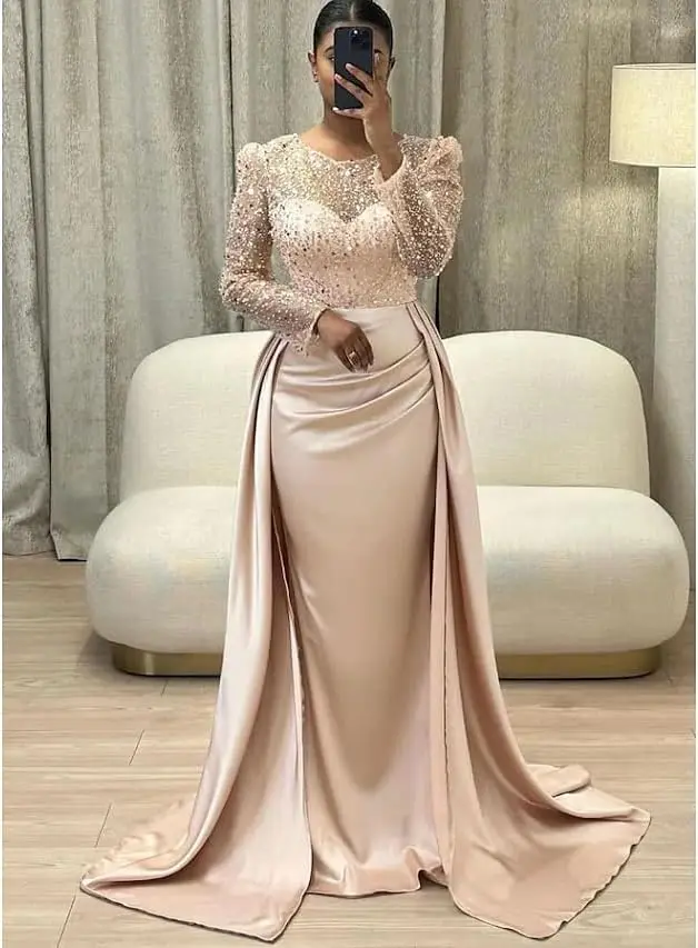 

Атласные платья для выпускного вечера с длинными рукавами для женщин, вечернее платье с пайетками и воротником-русалкой, вечернее платье с разрезом