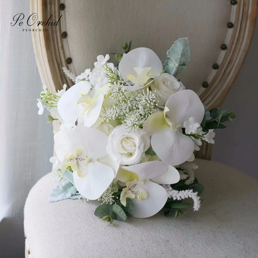 

PEORCHID Orchid White Wedding Bouquet For Bride Holding Flowers Buque Daminha Elegant Artificial Roses Bridesmaid Bouquet