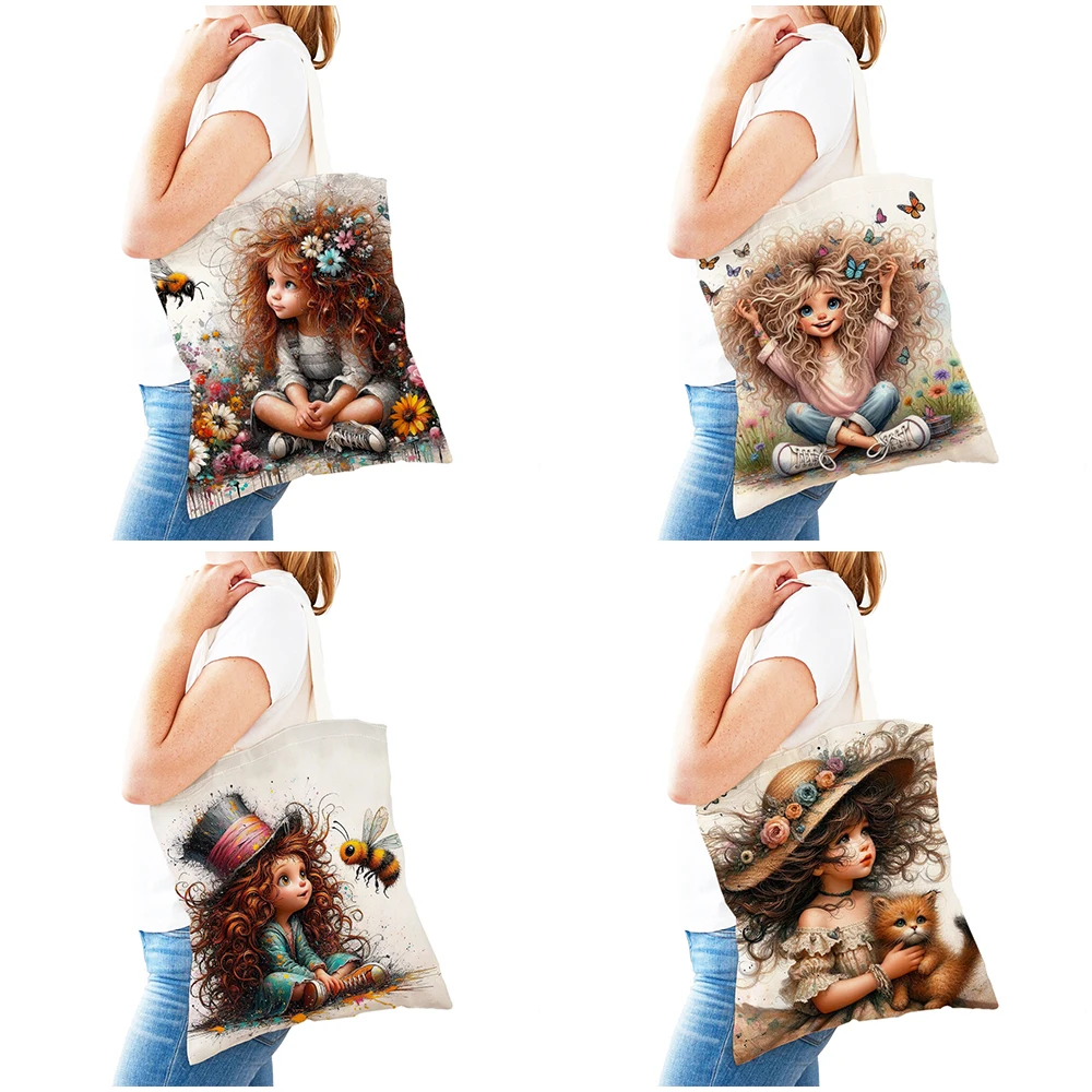 Casual Lovely Child Shopping Bags Cute Cartoon Girl Double Print Reusable Canvas Shopper Bag Fairy Tale World Lady Handbag Tote