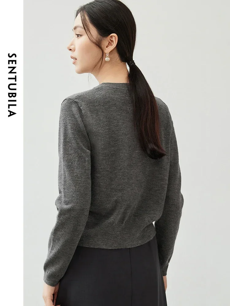 SENTUBILA Casual Loose Cardigan Women 2024 Autumn Solid Single Breasted Long Sleeve Round Neck Simple Basic Tops W43E56755