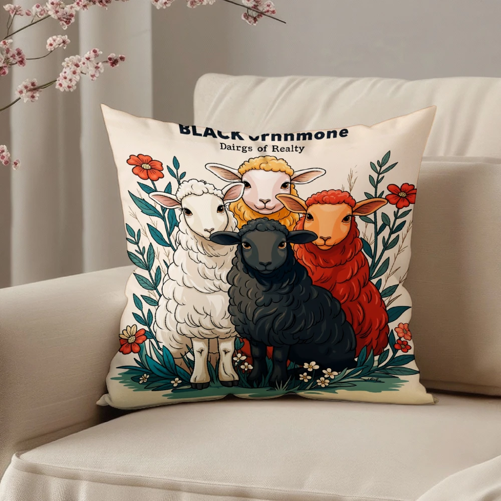 Square Throw Pillow Case Beige Black Oinkmune Dairgs Of Reality Four Colorful Sheep Floral Print Decor For Sofa Bedroom Living R