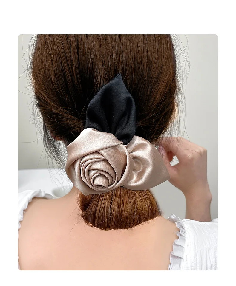 Soft High-end Mirror Satin Hair Bands European and American Female Daily Handmade Silk Satin Rose Headdress Elastic Headbands