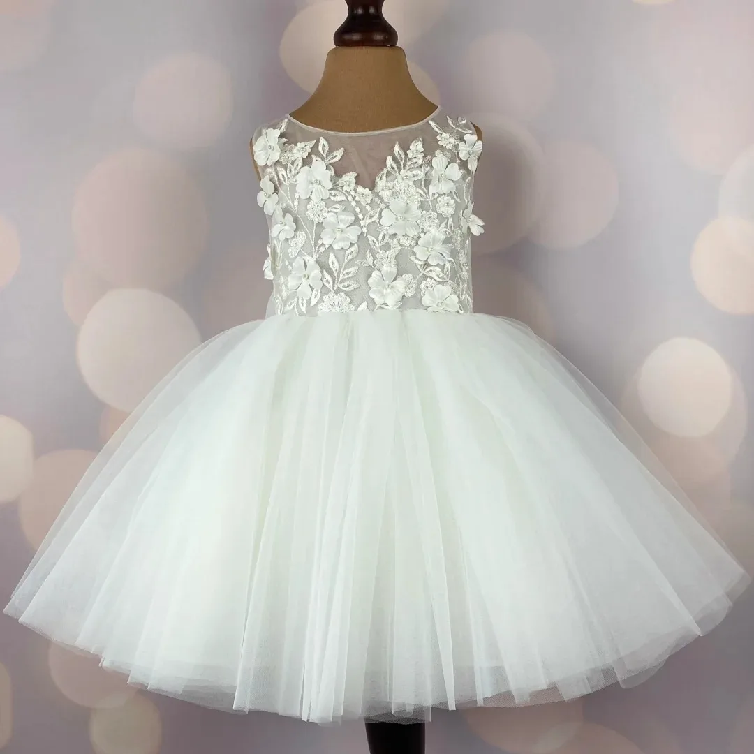 Custom Flower Girl Dress, Tulle Applique, Sleeveless with Bow, Suitable for Weddings, Birthday Parties, and Communion
