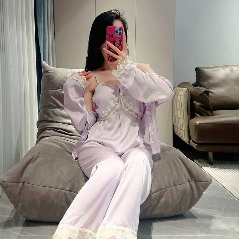 الجليد بيجامة من الحرير دعوى النساء ثلاث قطع كيمونو الدانتيل Homewear البشكير منامة مجموعة الصيف فام ملابس خاصة ملابس النوم