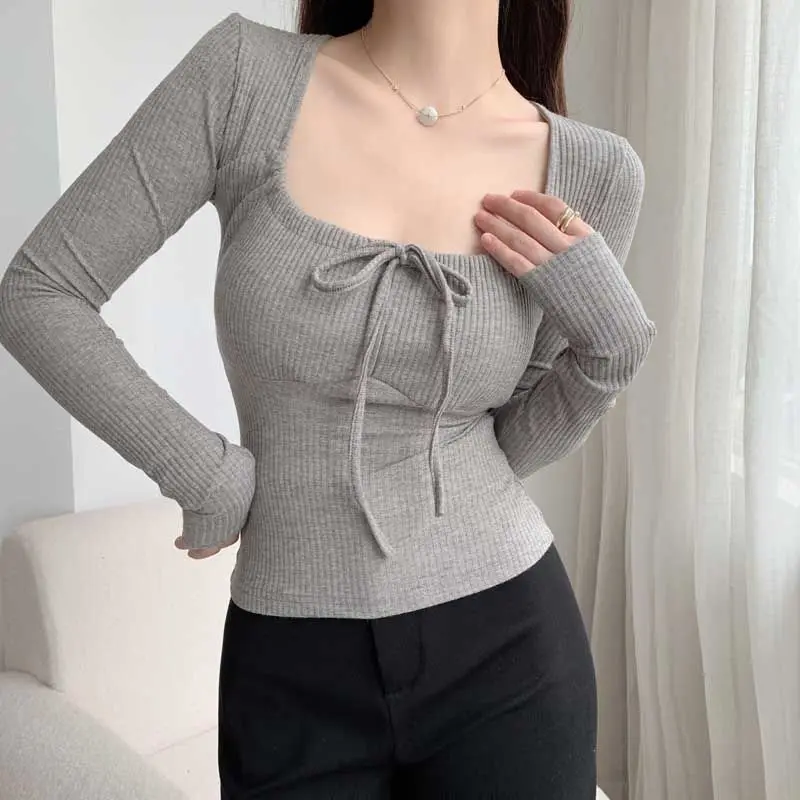 Long Sleeve T-shirts Women Spring Autumn Square Collar Solid Slim Pit Stripe Lace-up Knitting Tops Simple All-match Fashion New