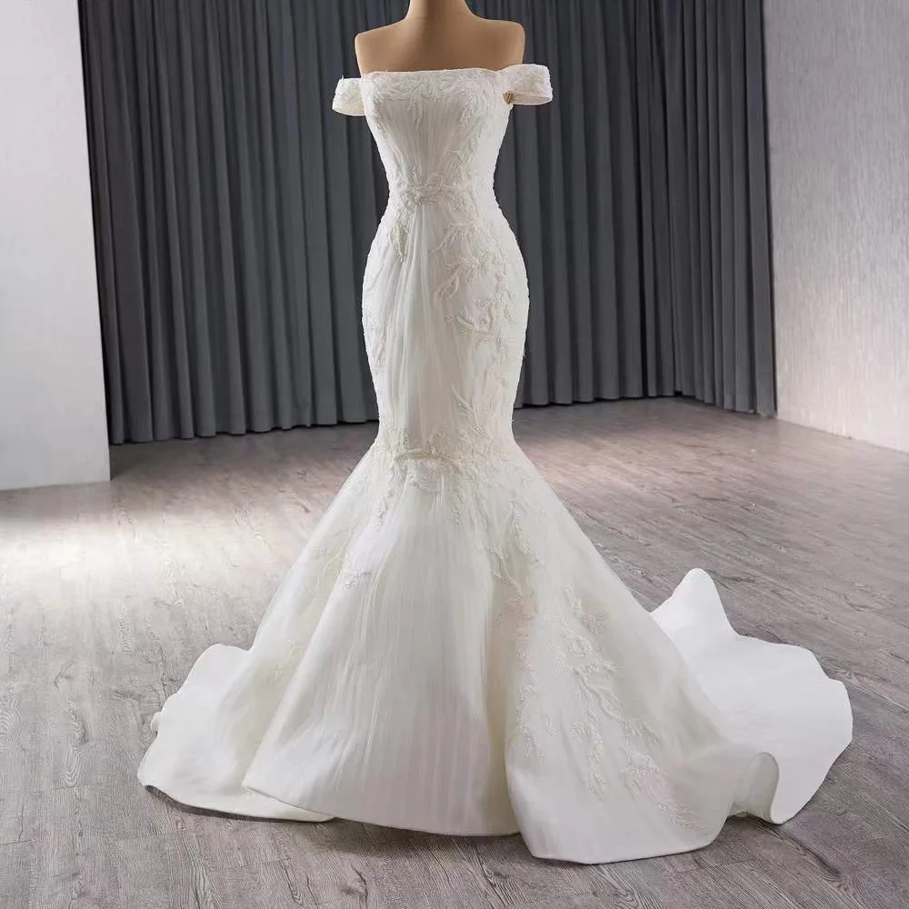 Gaun Pengantin Tanpa Tali Bahu Terbuka Berenda Punggung Applique Bordir Pengantin Gaun Pengantin Kustom Putri Duyung