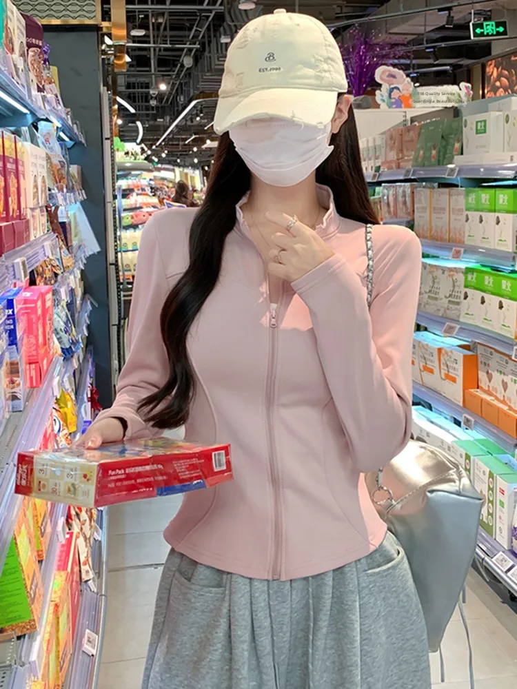 Chaqueta Cortavientos Coreana con Cierre y Cuello Alto para Mujer, Estilo Informal, Ajustada, para Viajar, Versátil, Deportiva