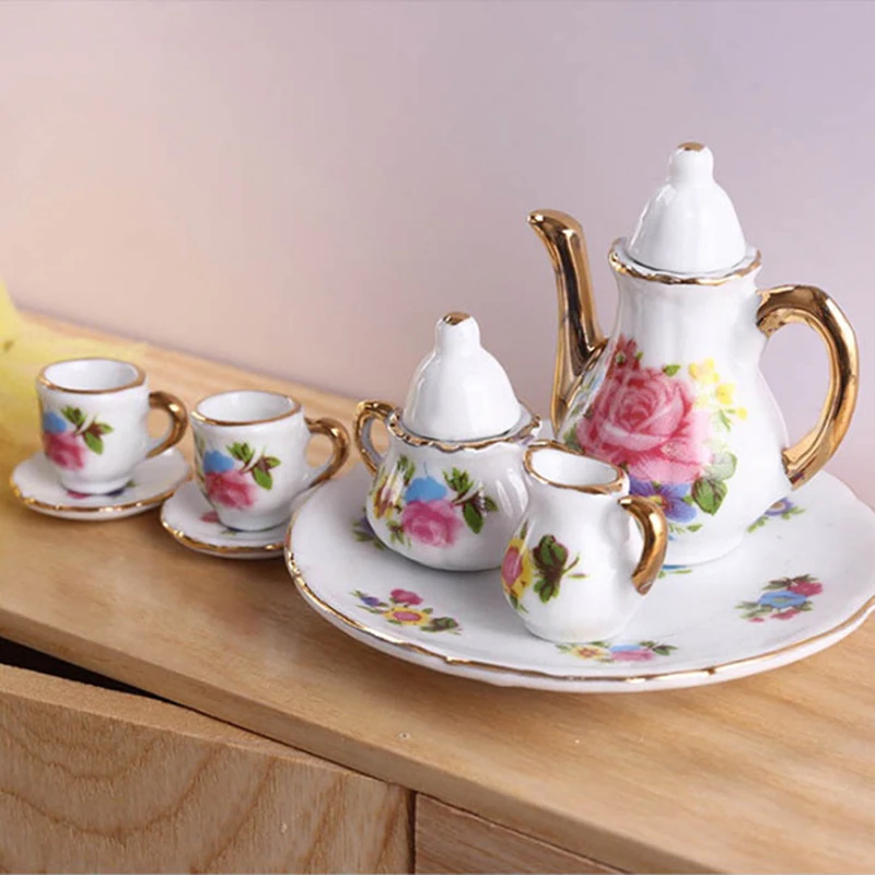 

8pcs/Set 1/12 Dollhouse Miniature Vintage Print Ceramics Tea Set Teapot Teacup Tray Kitchen Tableware Model Doll House Decor