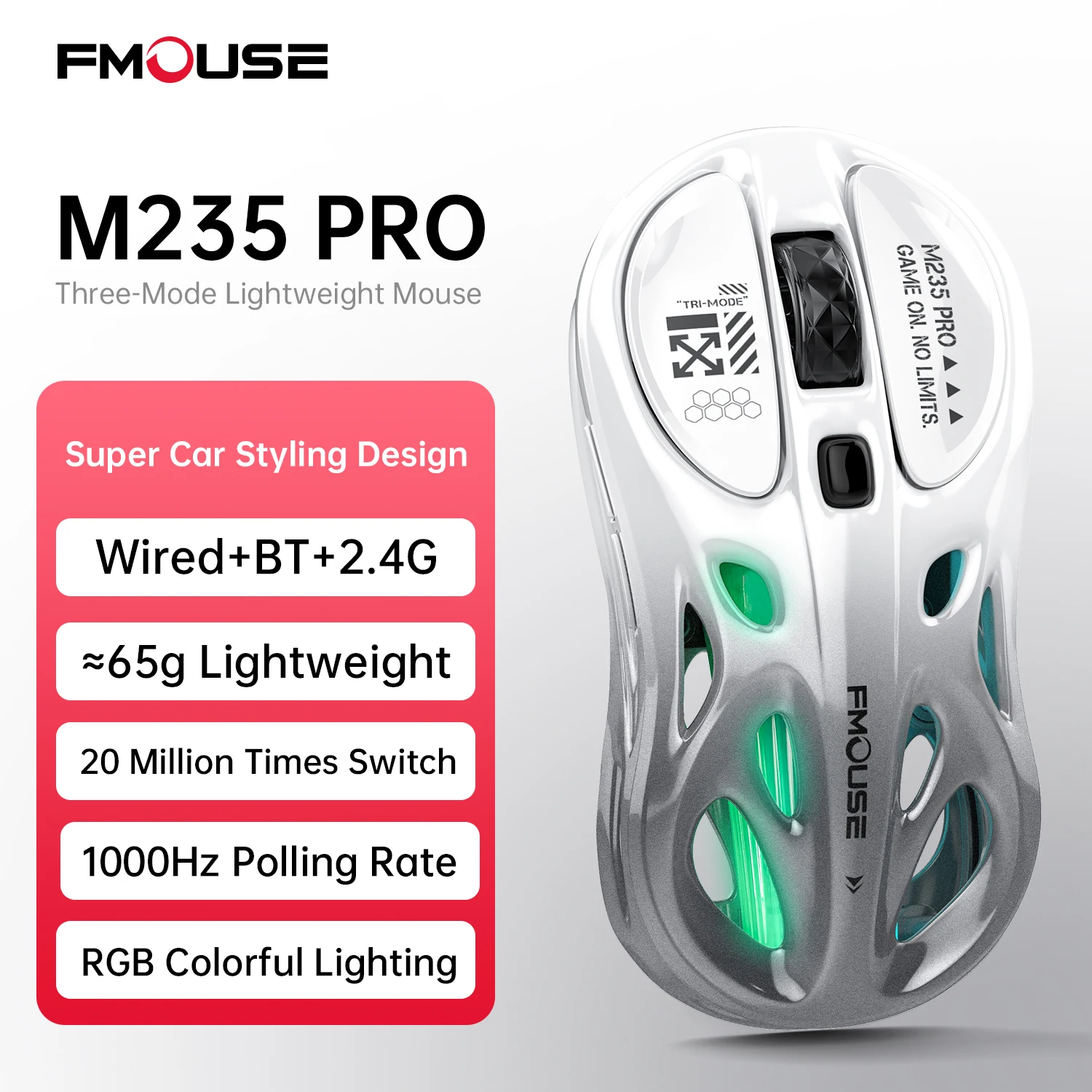 

FMOUSE M235Pro Bluetooth беспроводная мышь для киберспорта трехрежимный ноутбук офисная игра RGB полая легкая модель спортивного автомобиля