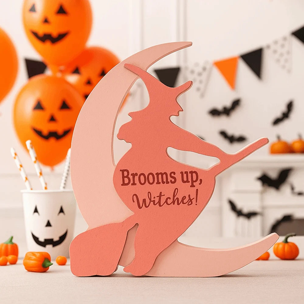 

Wooden Moon Witch Decorations Handicraft Collectible Halloween Witch Ornaments Funny Model Moon Black Cat Ornaments