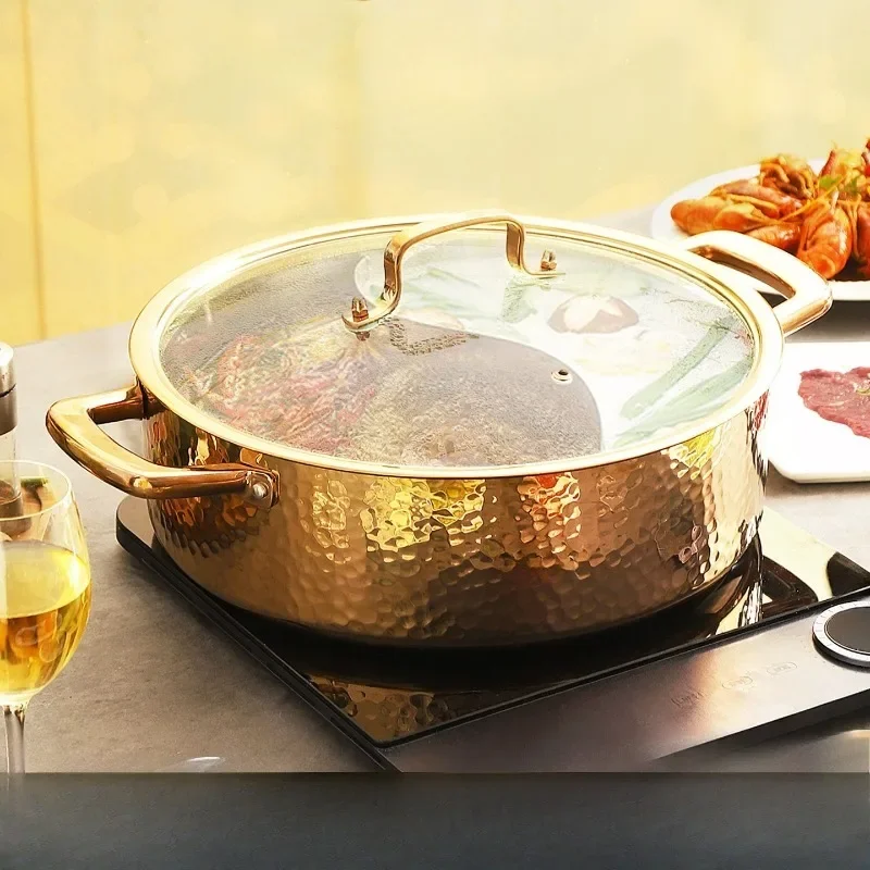 304 Stainless Steel Yuanyang Hot Pot Divided Shabu Shabu Cookware with Glass Lid,Dual Flavor Soup Pot for Induction Cooktop Gas