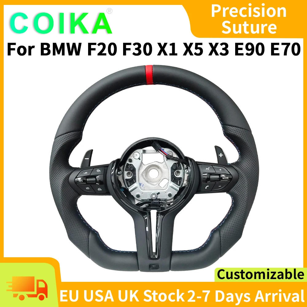 US Stock Flat Bottom Steering Wheel For BMW F10 F11 F15 F25 F20 F23 F22 F45 F30 F36 F48 E87 E90 E70 E71 E92 Red Blue Stripe Perforated Sport