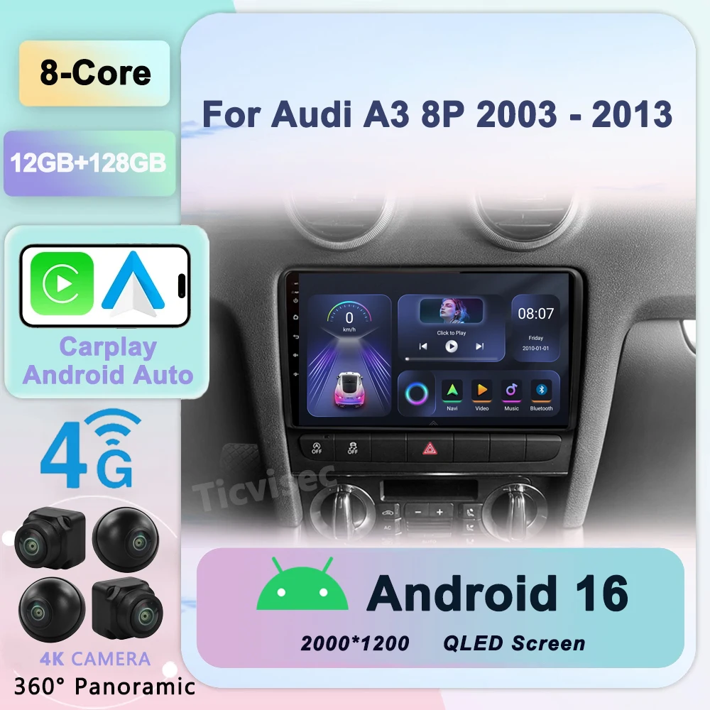 

For Audi A3 8P 2003 - 2013 Multimedia GPS autoradio 4G WIFI DSP 8G+128G Android 16 Carplay Player Car Radio Multimedia