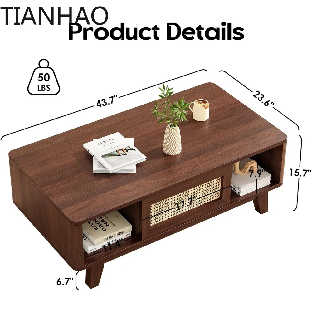 Coffee Table, Mid Century Living Room Tables with Storage, Modern Square with Rattan Drawer, Wooden Living Room Table with Solid