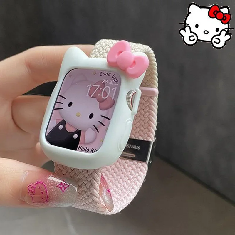 

Sanrio Hello Kitty Iwatch Watchband Kawaii Cartoon 7 8 9 Braid KT Cat Protectuve Covers Cute 38 40 41 44MM Watch Bands Girl Gift