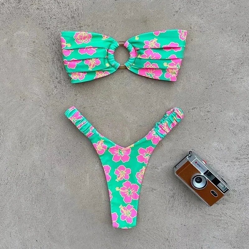 

Print Bikini Push Up Swimsuit Women Hollow Out Strapless G-string Split Bikini Set 2025 New Sexy Biquini Beachwear 2 Piece Sets