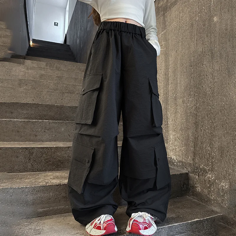 

School Girls Cargo Pant Autumn Loose Pocket Children Girls Trousers Simple Solid Elastic Waist Teenager Girls Full Length Pant