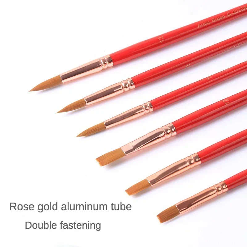 12 pcs round-headed nylon hair brushes flat-head set red solid wood short rodwatercolor gouache acrylic art supplies