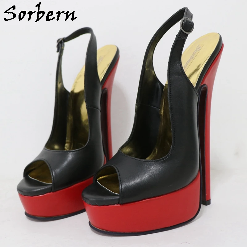 Sorbern Classical Black Red Slingback Sissy Boy Open Toe Platform 20CM Stilettos Real Leather 16cm High Heel Shoe Custom Color