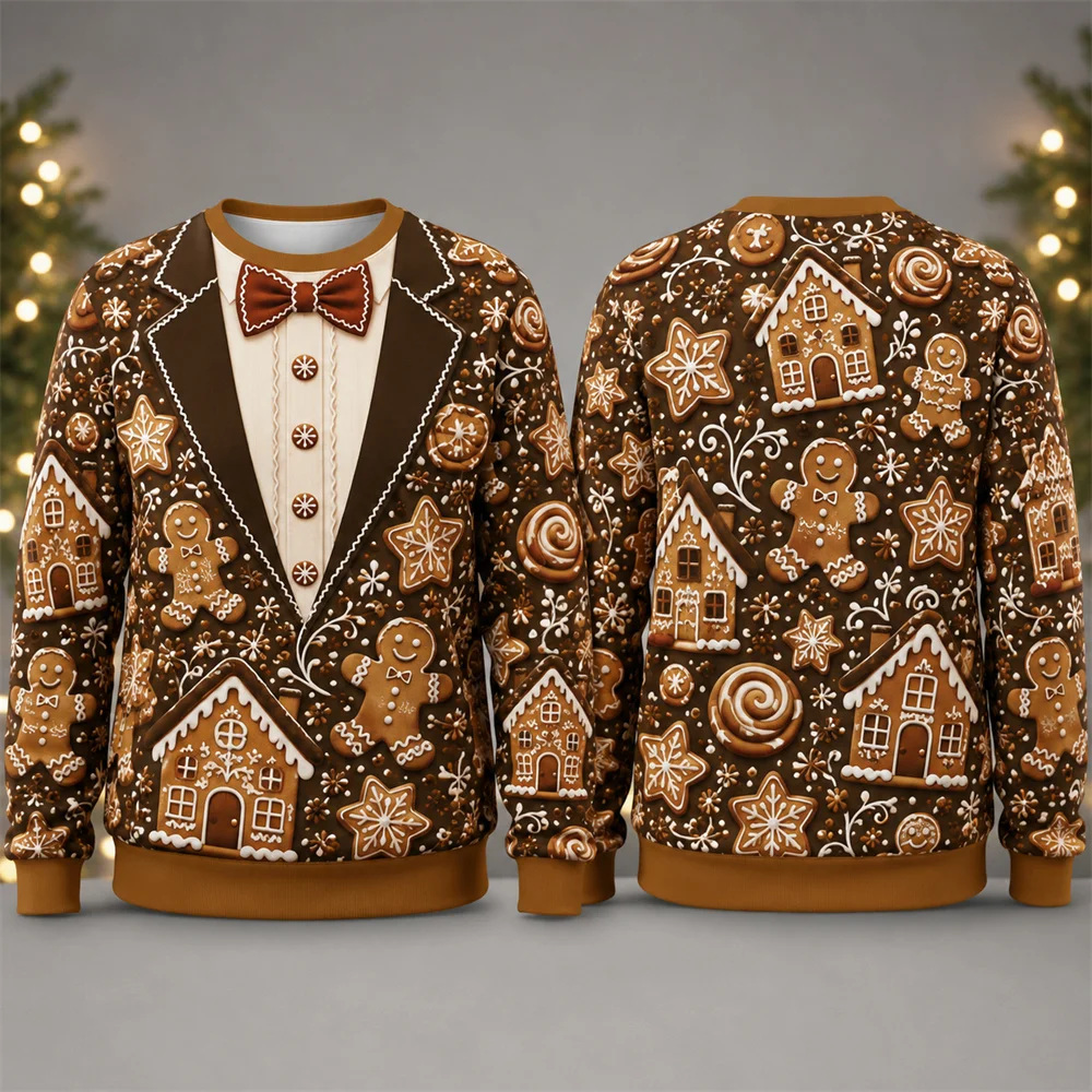 Funny 3D Print Christmas Fake Lapel Pattern Ugly Sweater For Men Crew Neck Long Sleeve Bell Bow Printed Design Christmas Party