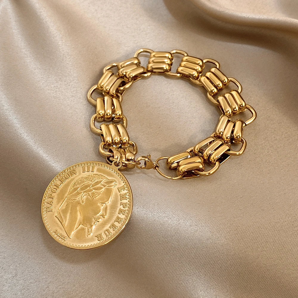Greatera geschnitzter Kopf, Porträt-Münzen-Anhänger-Armband, Punk-Stil, vergoldet, Edelstahl, kreativ, vielseitig, Damen-Armreifen