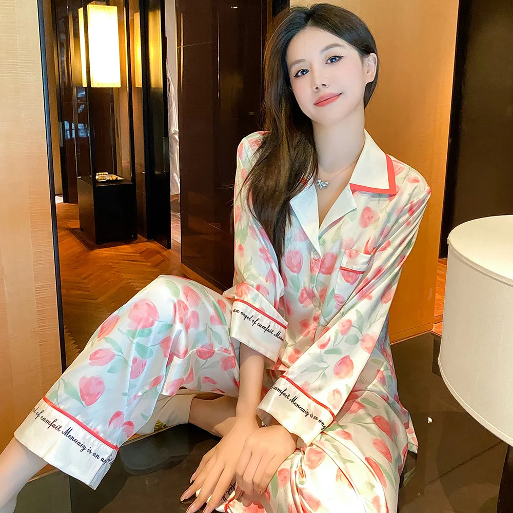 

2023 Spring And Autumn New Sleepwear Women's Long Sleeved Pants Ice Silk Pink Tulip Home Furnishing Thin Lapel Set Female Pajama