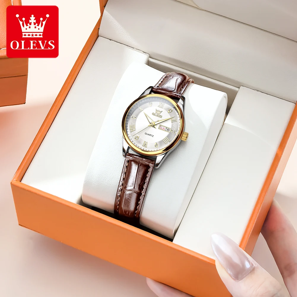 

OLEVS 3649 кварцевые часы для женщин с автоматической датой, еженедельный дисплей, кожаные светящиеся водонепроницаемые часы для девочек, элегантные наручные часы