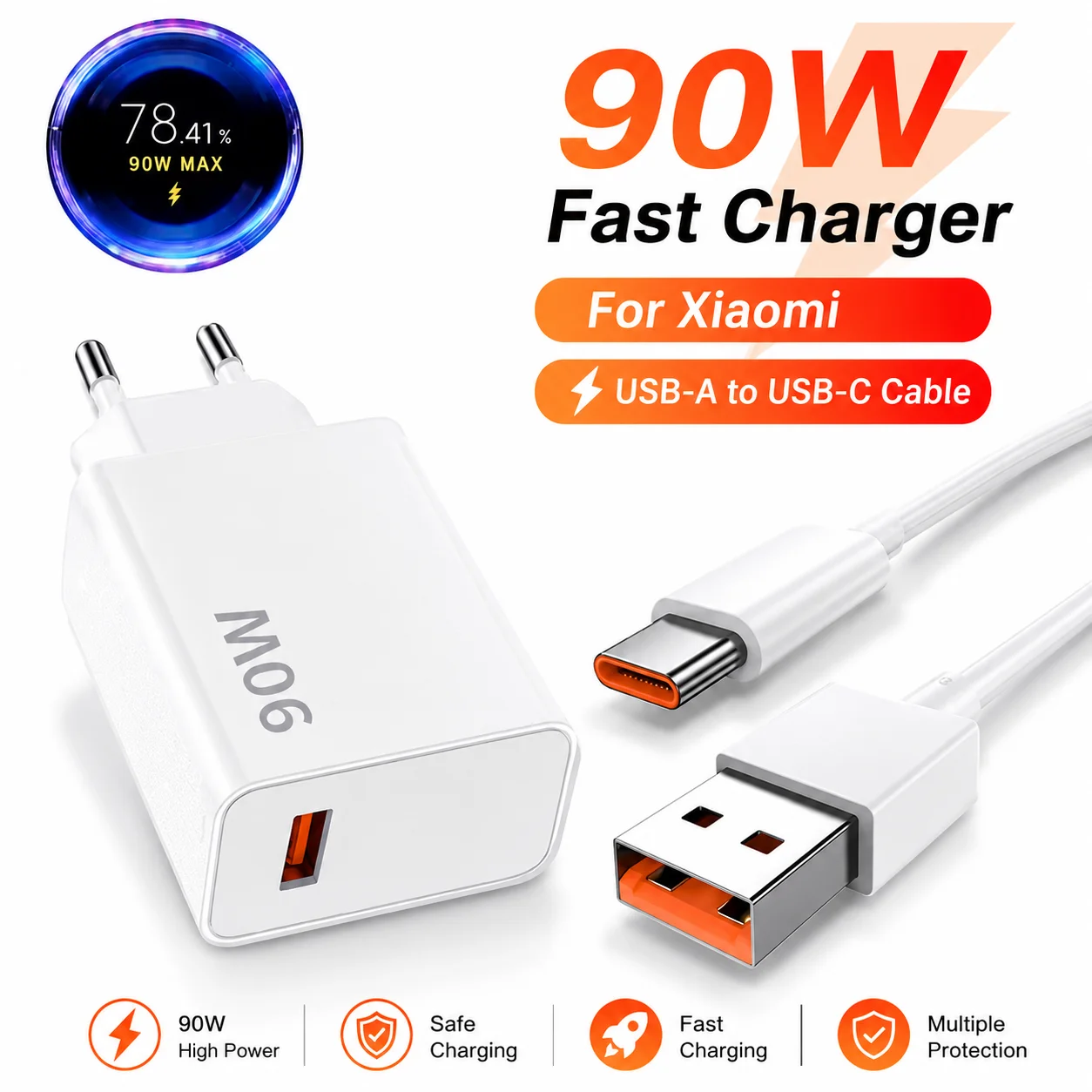 90W HyperCharge EU Charger with USB Type C Cable for Xiaomi 15 Ultra 15T 14 Pro 13 Redmi Note POCO X7 F8 Pro Fast Charging