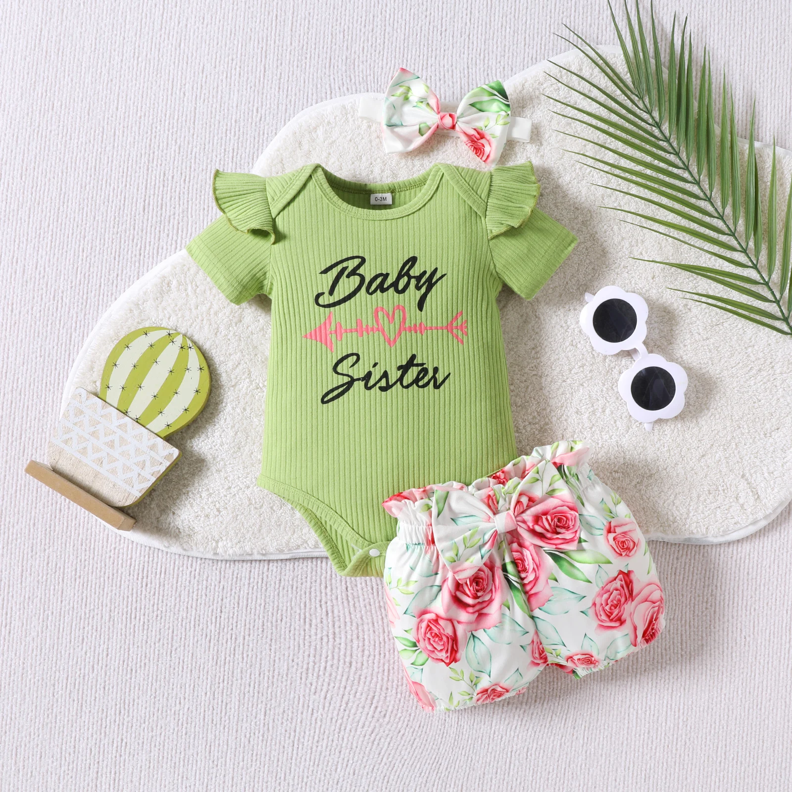 3PCS 0-18M Baby Girl Set 2024 Summer New Casual Green Short Sleeved Onesie Outdoor Beach Top Cute Flowers Print Shorts Headband