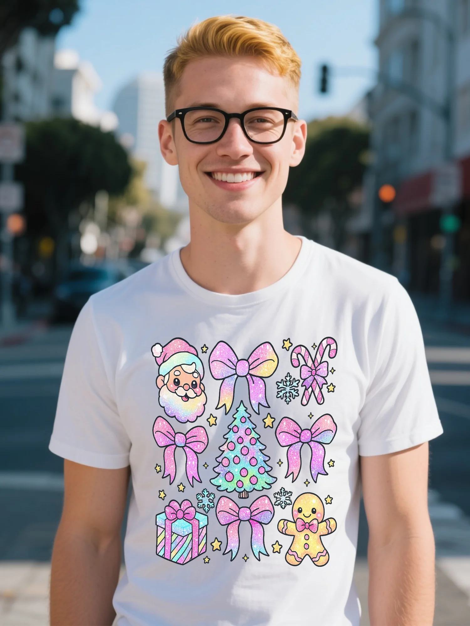 

Men's White High Street T-Shirt - Abstract Snowman Graphic & Candy Cane Design, Pre-Washed Lightweight