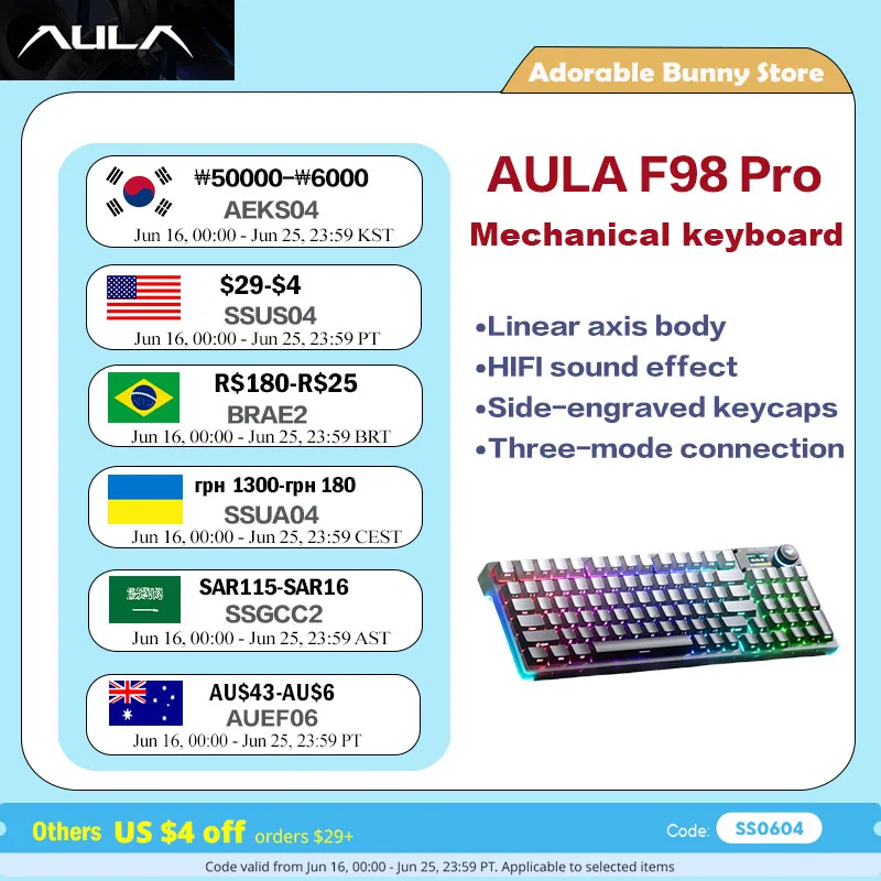 

AULA F98Pro Side Carved Mechanical Keyboard 98 Keys Transparent Key Cap Custom Three Mode Connection Hot Plug RGB HiFi Linear Sw