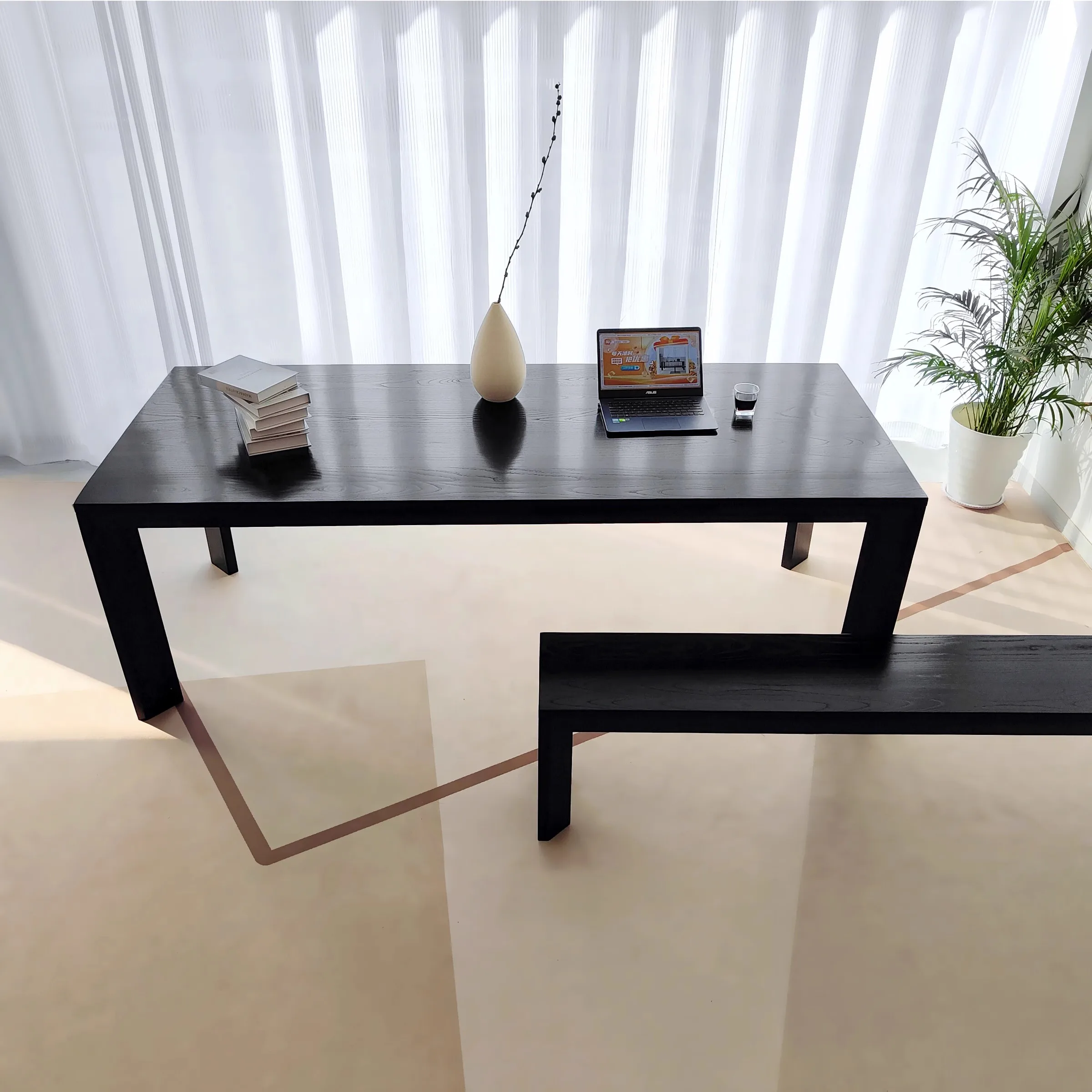 The product can be customized. Household black ash wood solid wood dining table, rectangular small unit dining table, livin