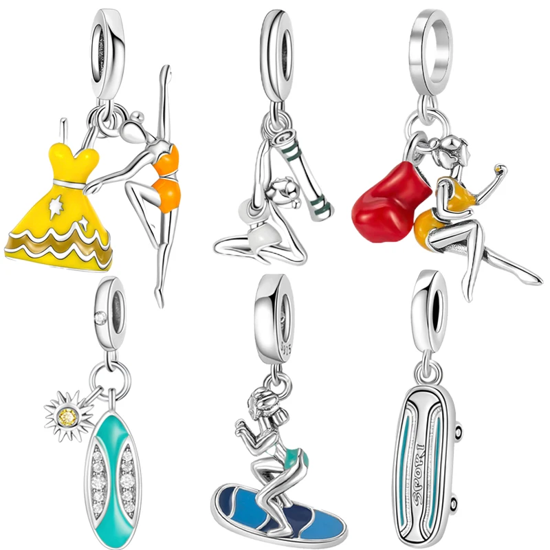 2025 New Design Silver Plated Yoga Exercise Skateboard Dangle Charm Fit Original Pan Charms Bracelet DIY Women Jewelry Gift
