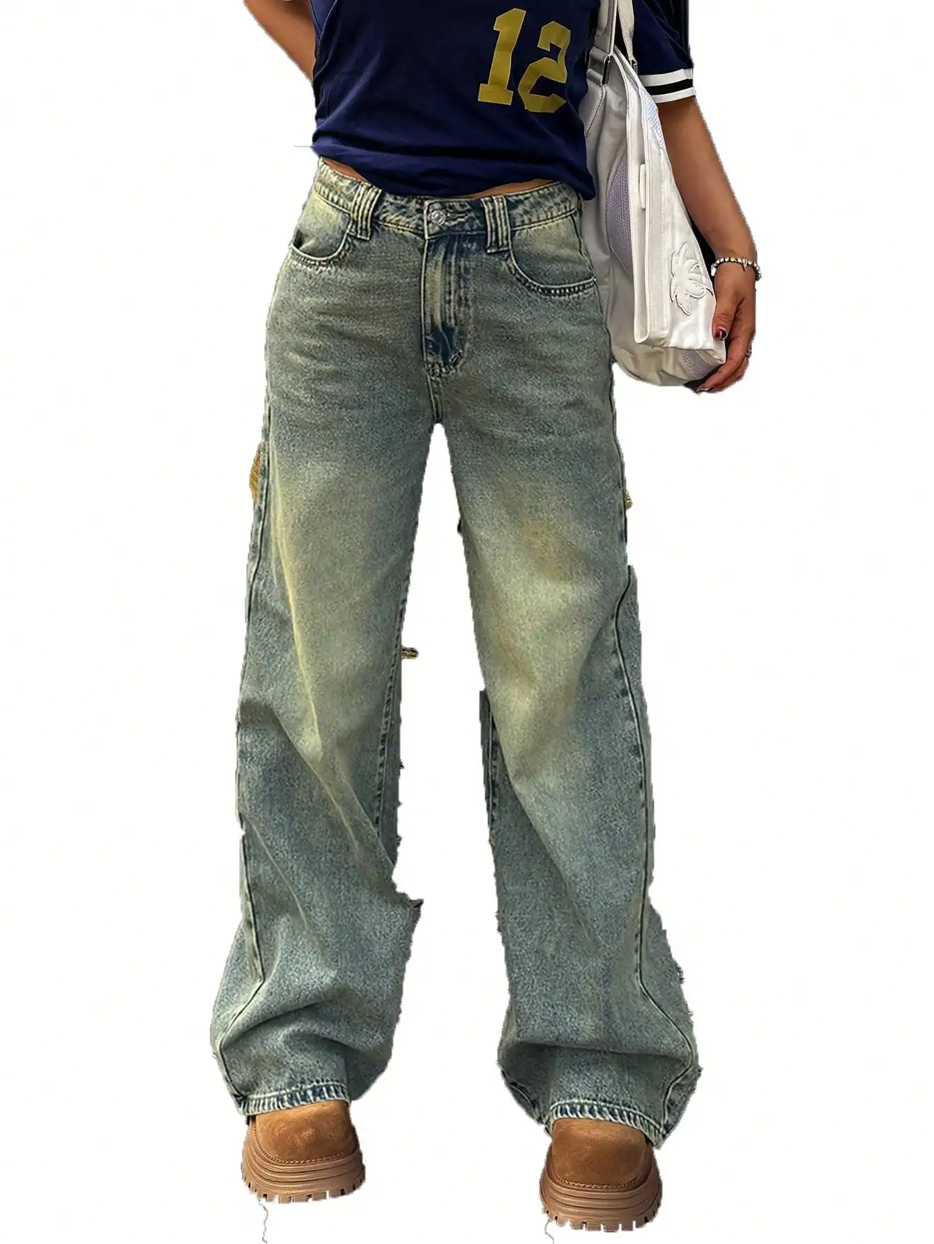 Vintage Wide Leg Women's Denim Jeans with Zipper and Button Closure – Streetwear Style