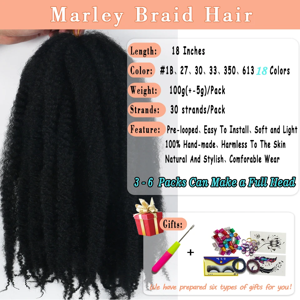 Bewill 18 Inch Marley Braids Hair for Twists Crochet Afro Kinky Bob Marley Twists Hair Synthetic Marley Braiding Hair Extensions