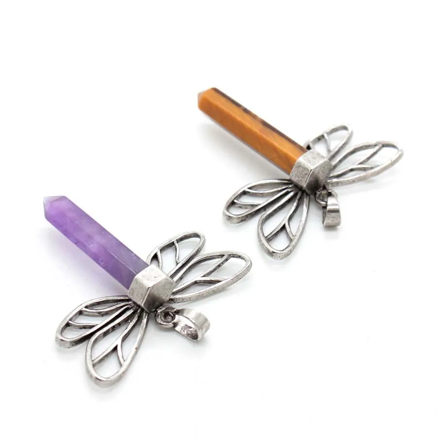 كريستال حجر اليعسوب المعلقات الجمشت الطبيعي روز كوارتز اللازورد العقيق عين النمر الأحجار الكريمة سداسية قلادة مجوهرات #4