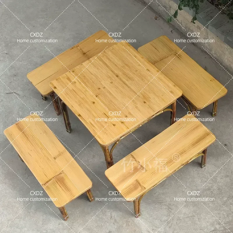 Bamboo Wood Dining Table and Chair Set Square Table with Bench Stool for Restaurant Snack Noodle Shop Household Use