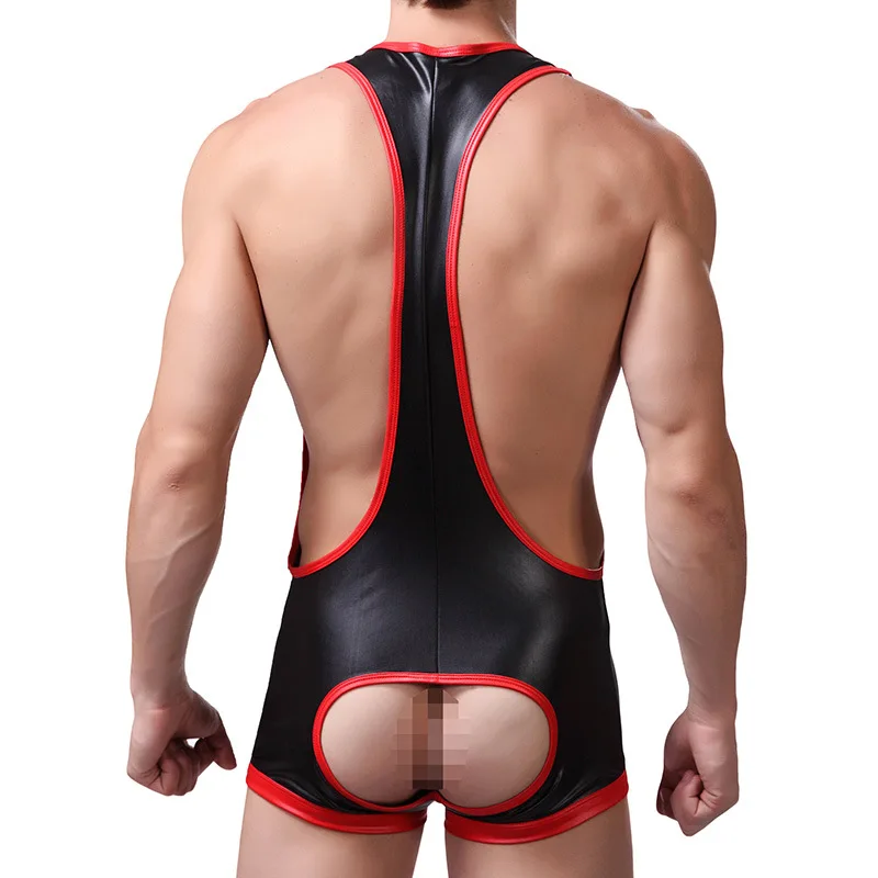 PU Faux leather Men's Black One-piece Underwear Adult Dance Funny Shoulder Strap Boxer Shorts Panties Stage Show Jumpsuit M-XL