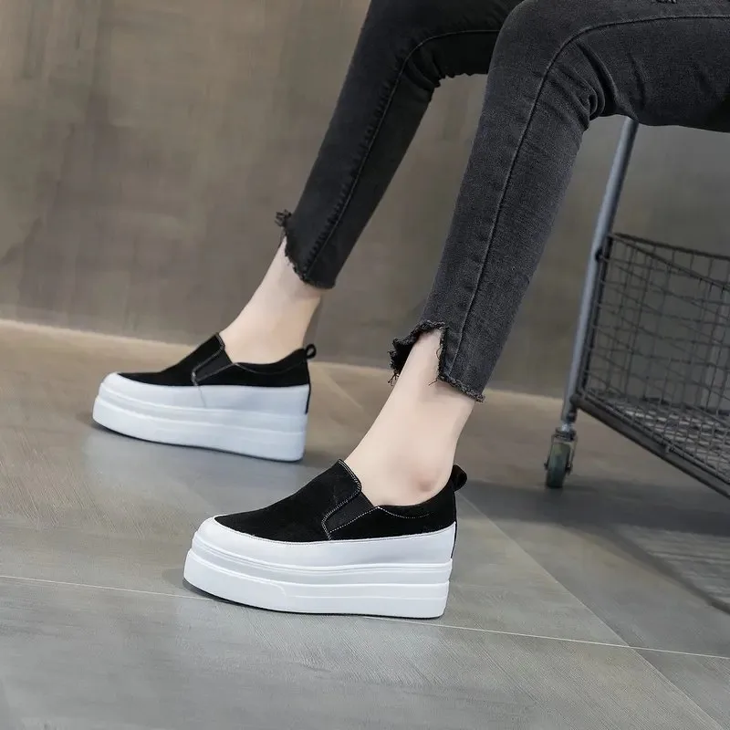 Genuine Leather women shoes platform wedge Sneakers chunky shoes slip on slipon Black women casual shoes slipony Spring Autumn