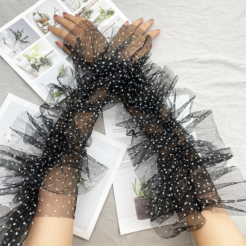 50cm Women Polka Dot Sheer Tulle Long Fingerless Gloves Ruffled Mesh Elegant Cuffs Halloween Cosplay Sexy Stage Performance