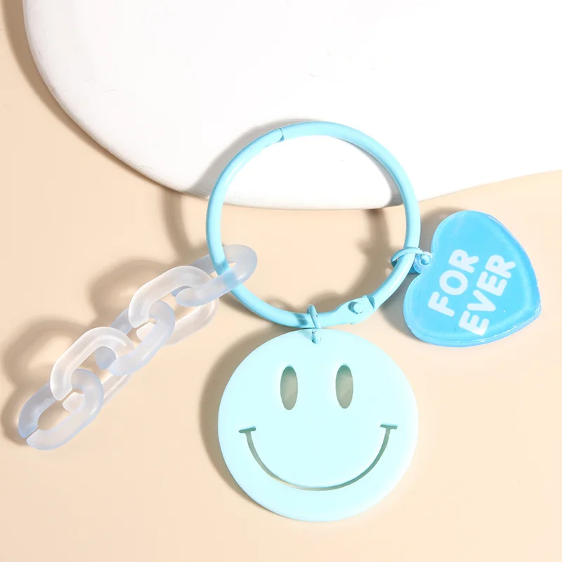 Lovely Acrylic Keychains Blue Smile Face Forever Heart Key Rings Friendship For Women Men Good Gift DIY Jewelry