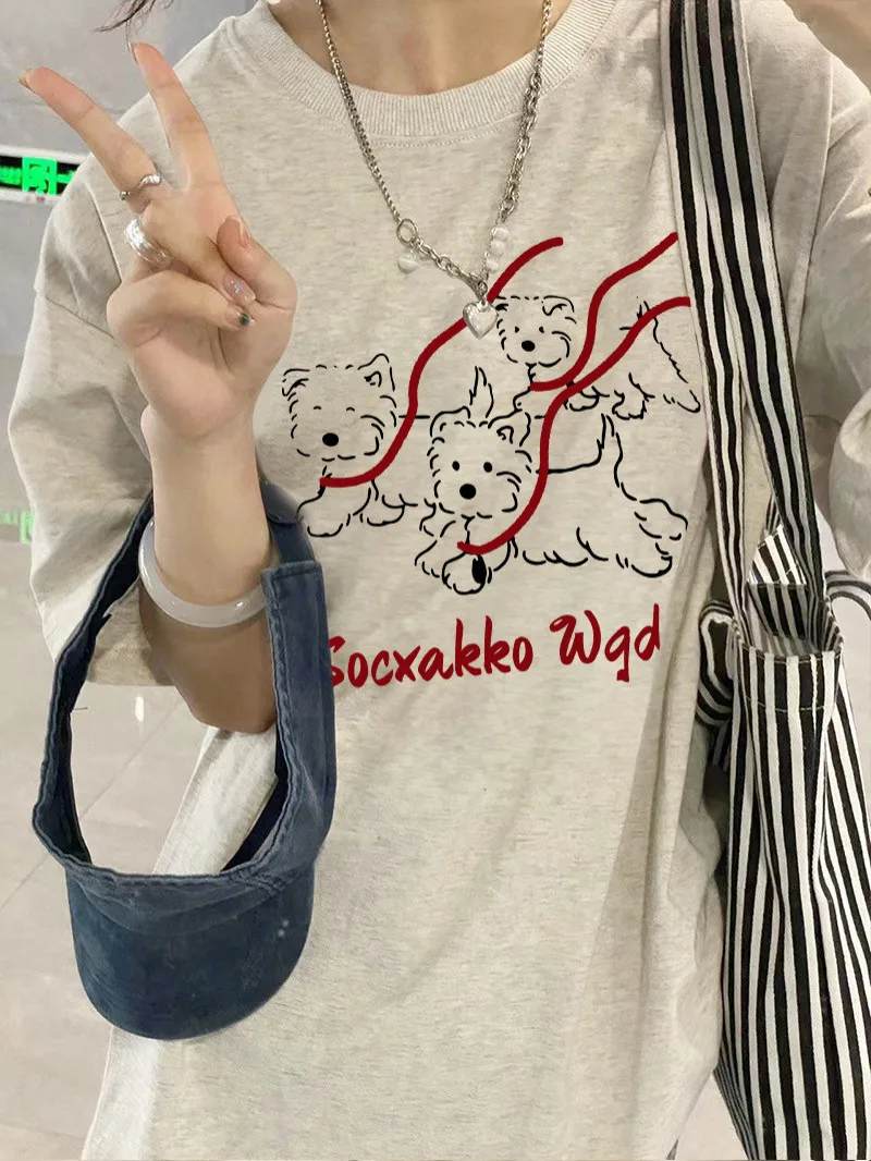 Pure Cotton ort Sve T-irt ex Loose Fit f Sve Dog Print Casual Top for Summer Moisture ng round Ne