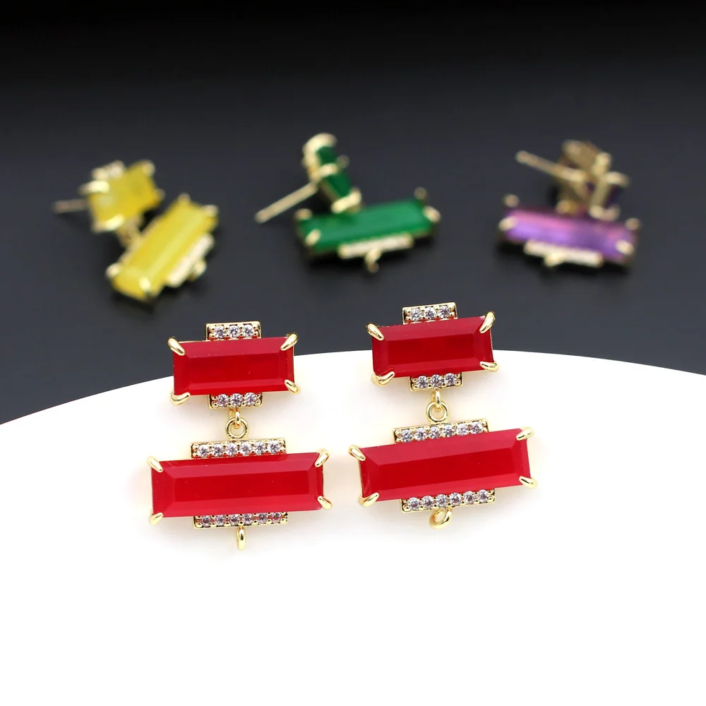 6pair Rectangle Geometric Shape CZ Prongs Earrings Post Natural Red Green Black Stone Studs Connectors Open Loop DIY Jewelry